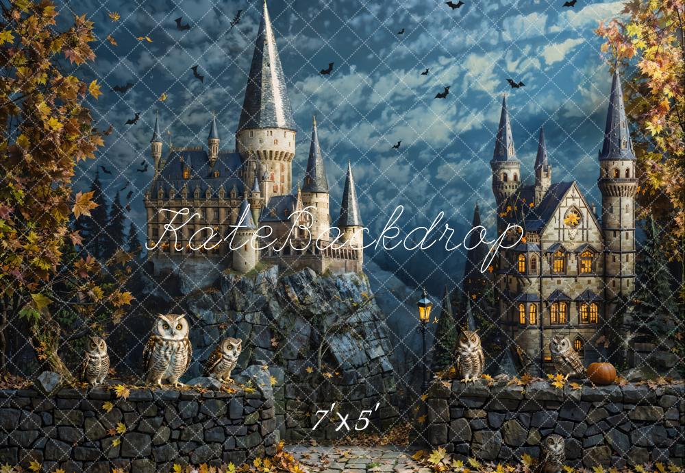 Kate Fall Halloween Owl Bat Retro Castle Backdrop Designed by Chain Photography