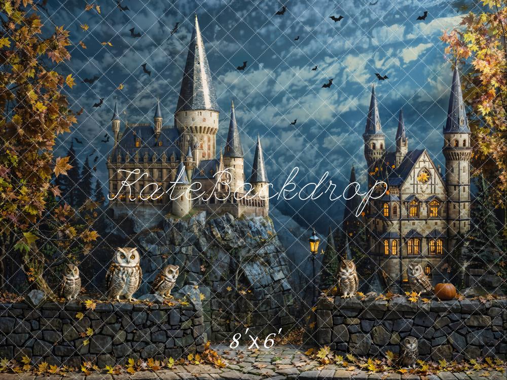 Kate Fall Halloween Owl Bat Retro Castle Backdrop Designed by Chain Photography