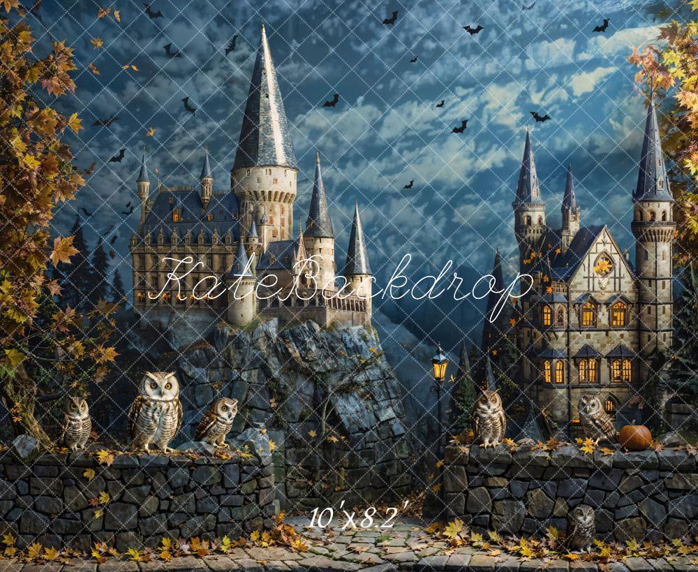 Kate Fall Halloween Owl Bat Retro Castle Backdrop Designed by Chain Photography