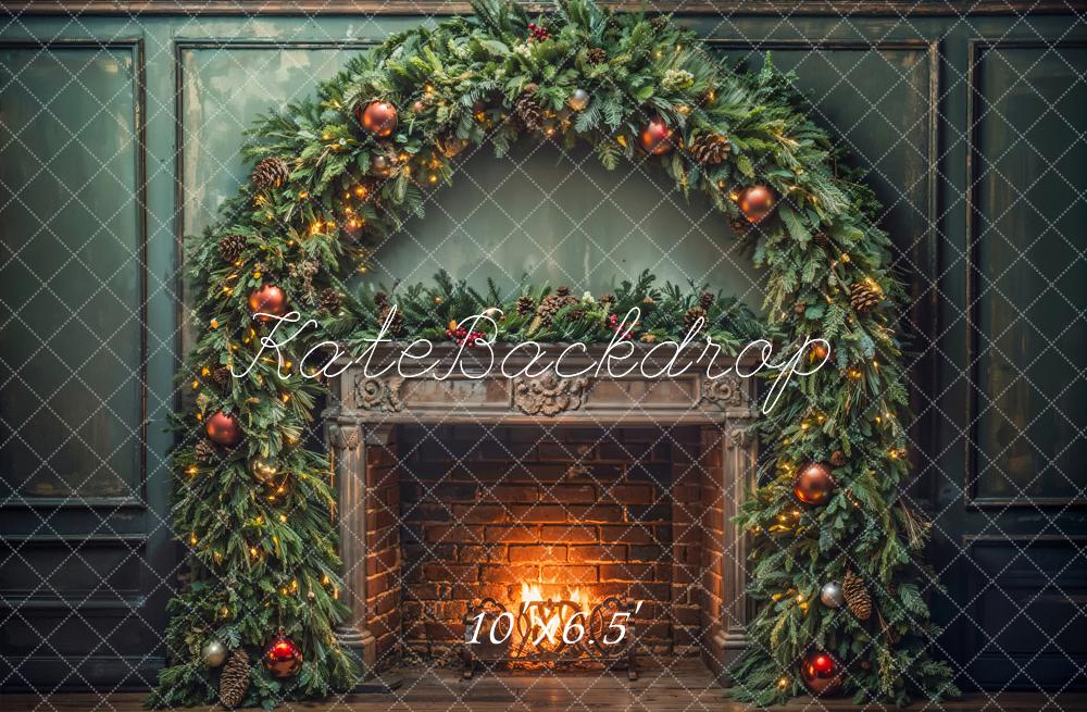 Kate Christmas Indoor Dark Green Arch Vintage Brick Fireplace Backdrop Designed by Emetselch