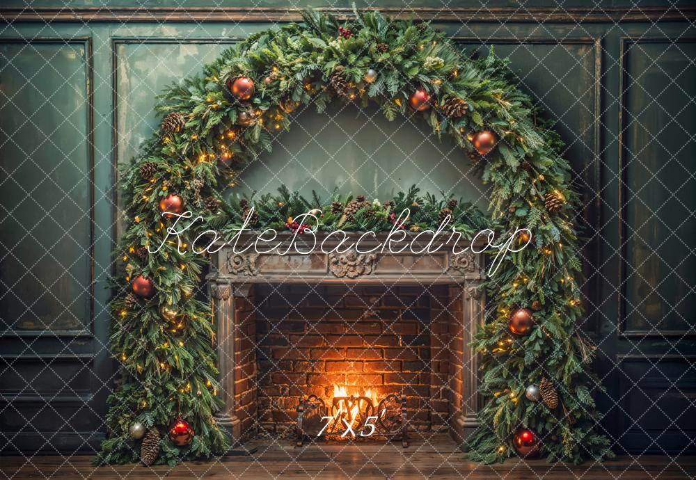Kate Christmas Indoor Dark Green Arch Vintage Brick Fireplace Backdrop Designed by Emetselch