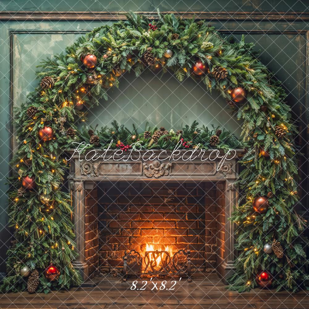 Kate Christmas Indoor Dark Green Arch Vintage Brick Fireplace Backdrop Designed by Emetselch