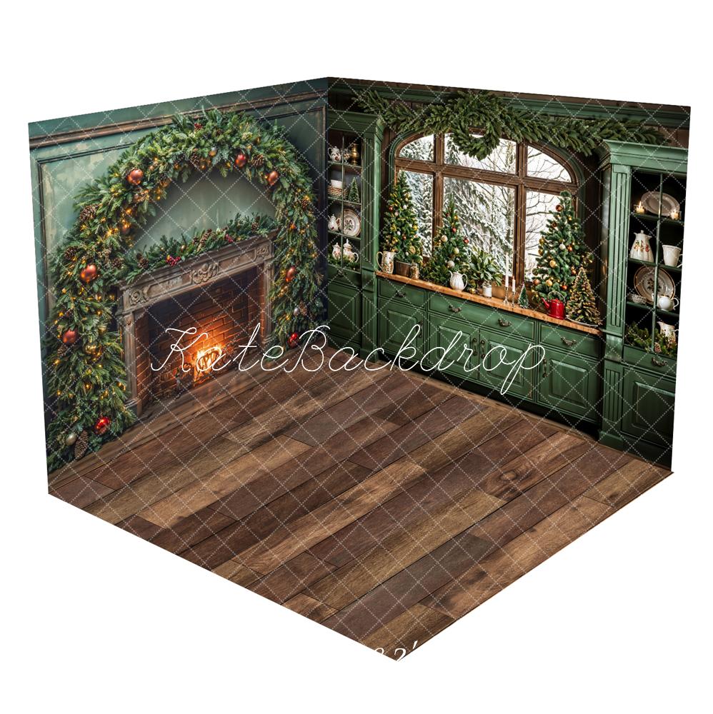Kate Christmas Indoor Dark Green Arch Vintage Brick Fireplace Room Set