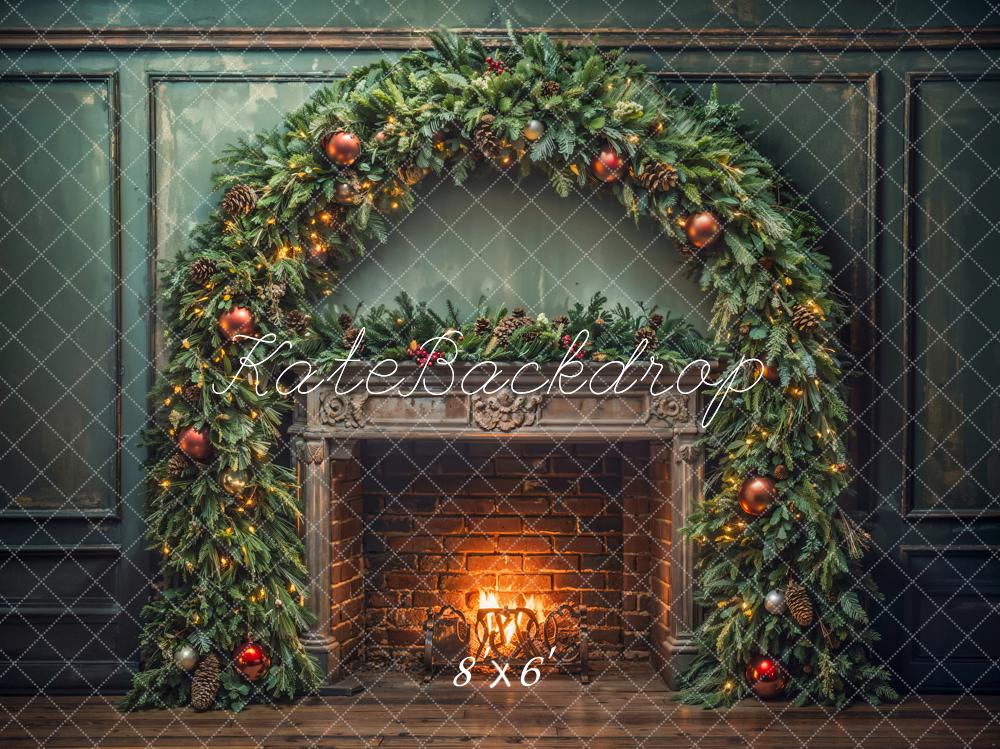 Kate Christmas Indoor Dark Green Arch Vintage Brick Fireplace Backdrop Designed by Emetselch