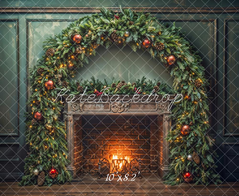 Kate Christmas Indoor Dark Green Arch Vintage Brick Fireplace Backdrop Designed by Emetselch