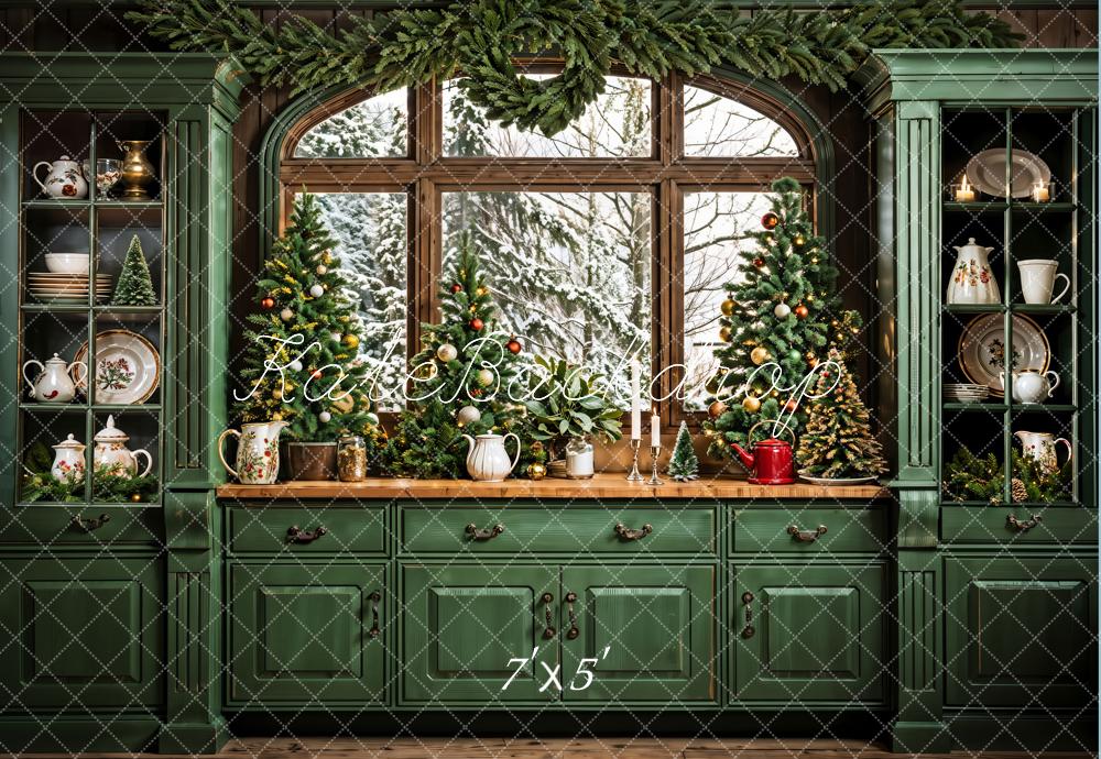 Kate Christmas Dark Green Retro Kitchen Backdrop Designed by Emetselch