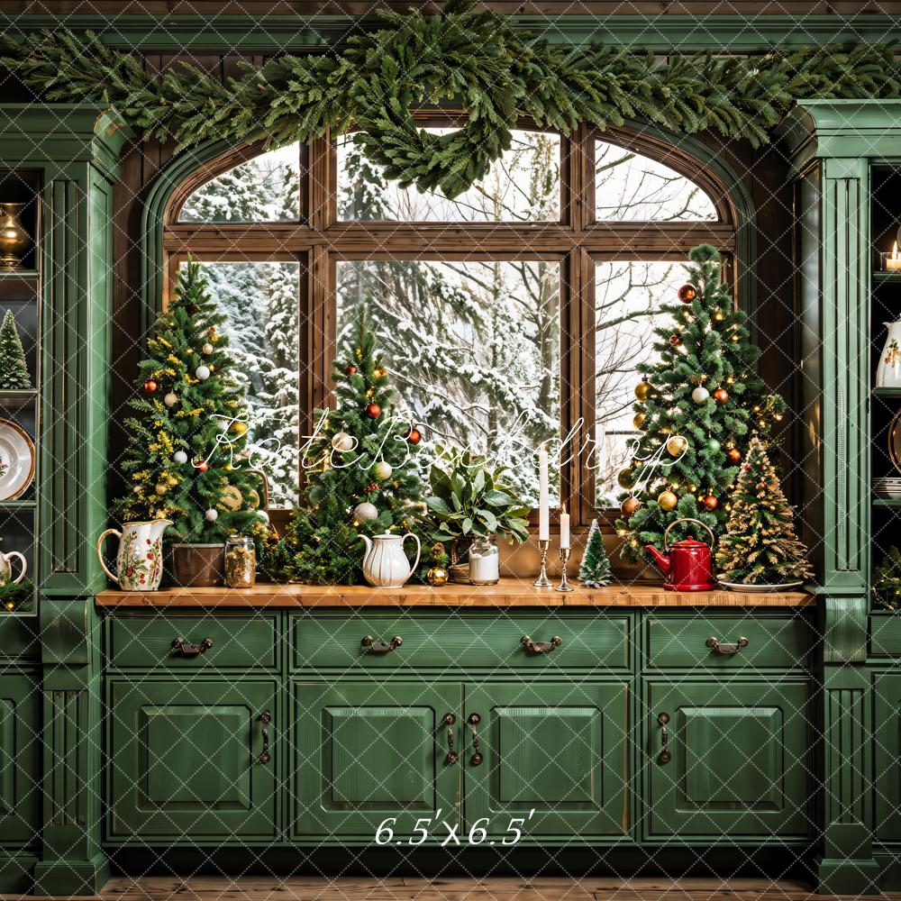 Kate Christmas Dark Green Retro Kitchen Backdrop Designed by Emetselch