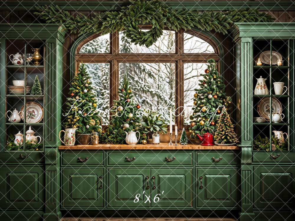 Kate Christmas Dark Green Retro Kitchen Backdrop Designed by Emetselch