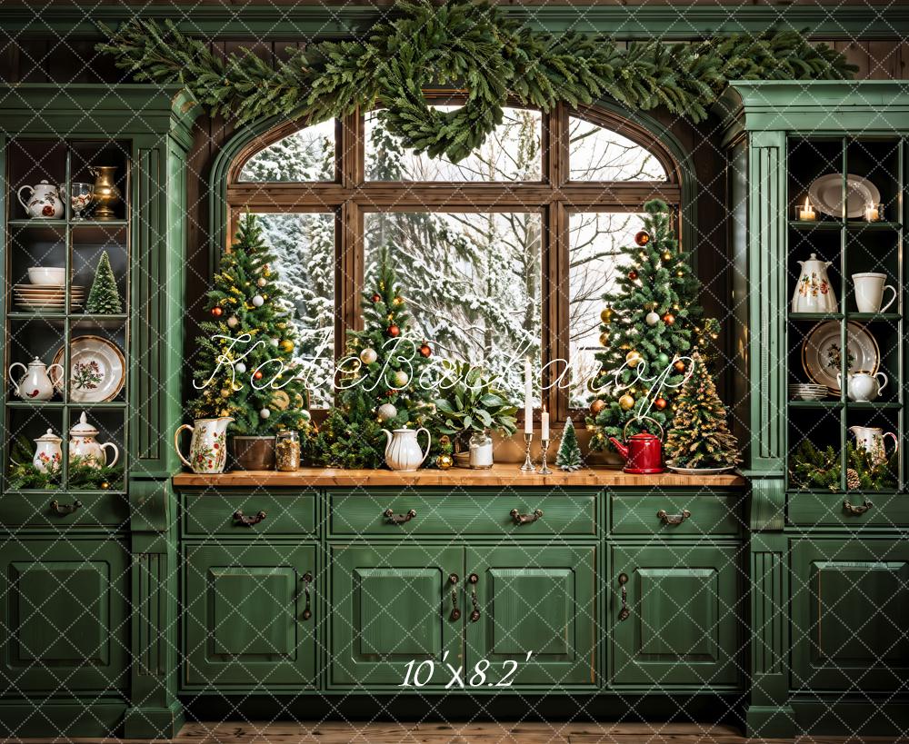 Kate Christmas Dark Green Retro Kitchen Backdrop Designed by Emetselch