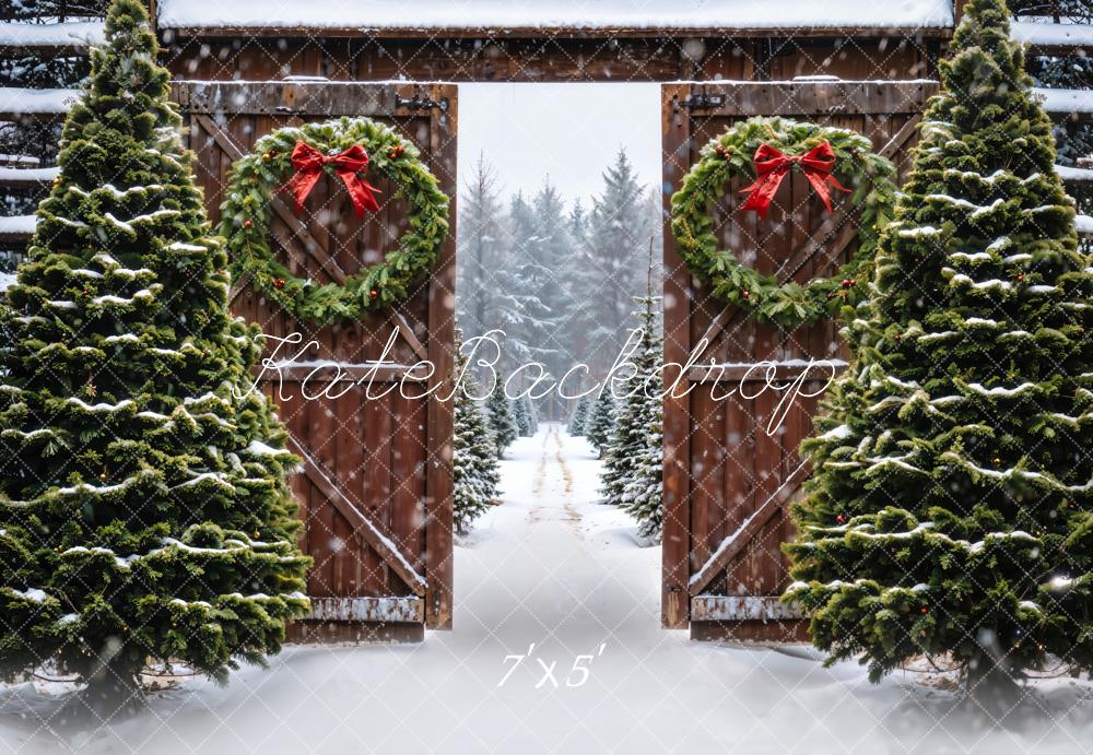 Kate Winter Forest Christmas Tree Brown Farm Door Backdrop Designed by Emetselch