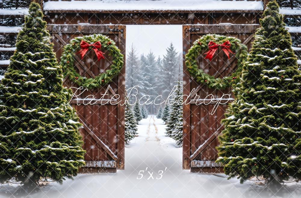 Kate Winter Forest Christmas Tree Brown Farm Door Backdrop Designed by Emetselch