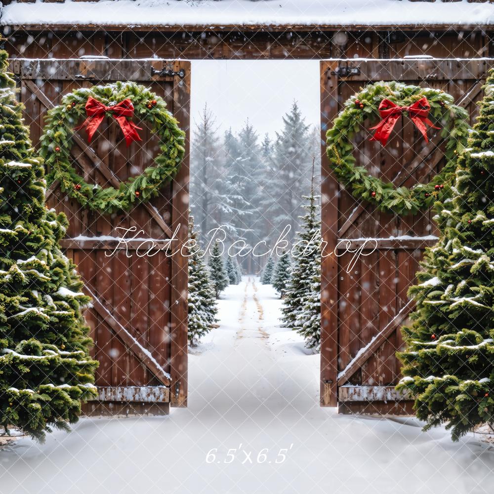 Kate Winter Forest Christmas Tree Brown Farm Door Backdrop Designed by Emetselch