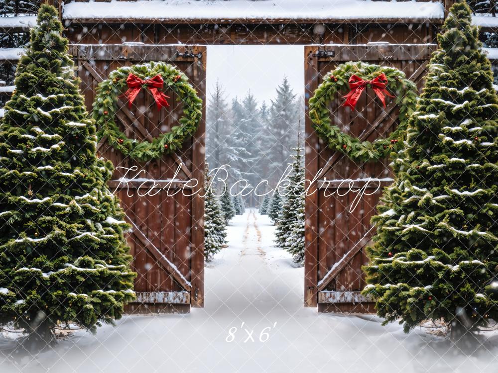 Kate Winter Forest Christmas Tree Brown Farm Door Backdrop Designed by Emetselch