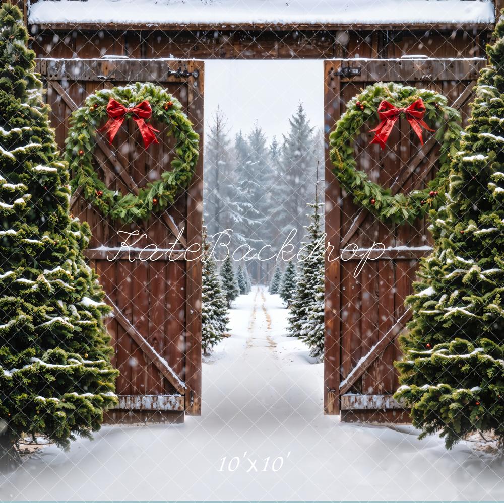 Kate Winter Forest Christmas Tree Brown Farm Door Backdrop Designed by Emetselch