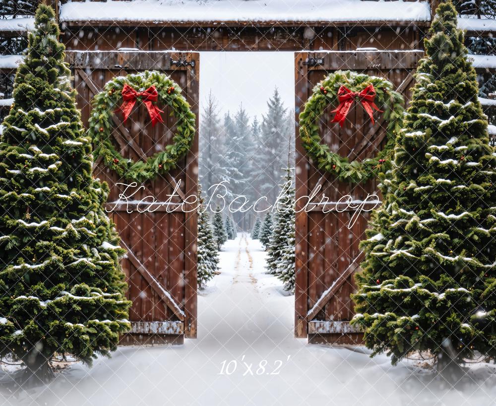 Kate Winter Forest Christmas Tree Brown Farm Door Backdrop Designed by Emetselch