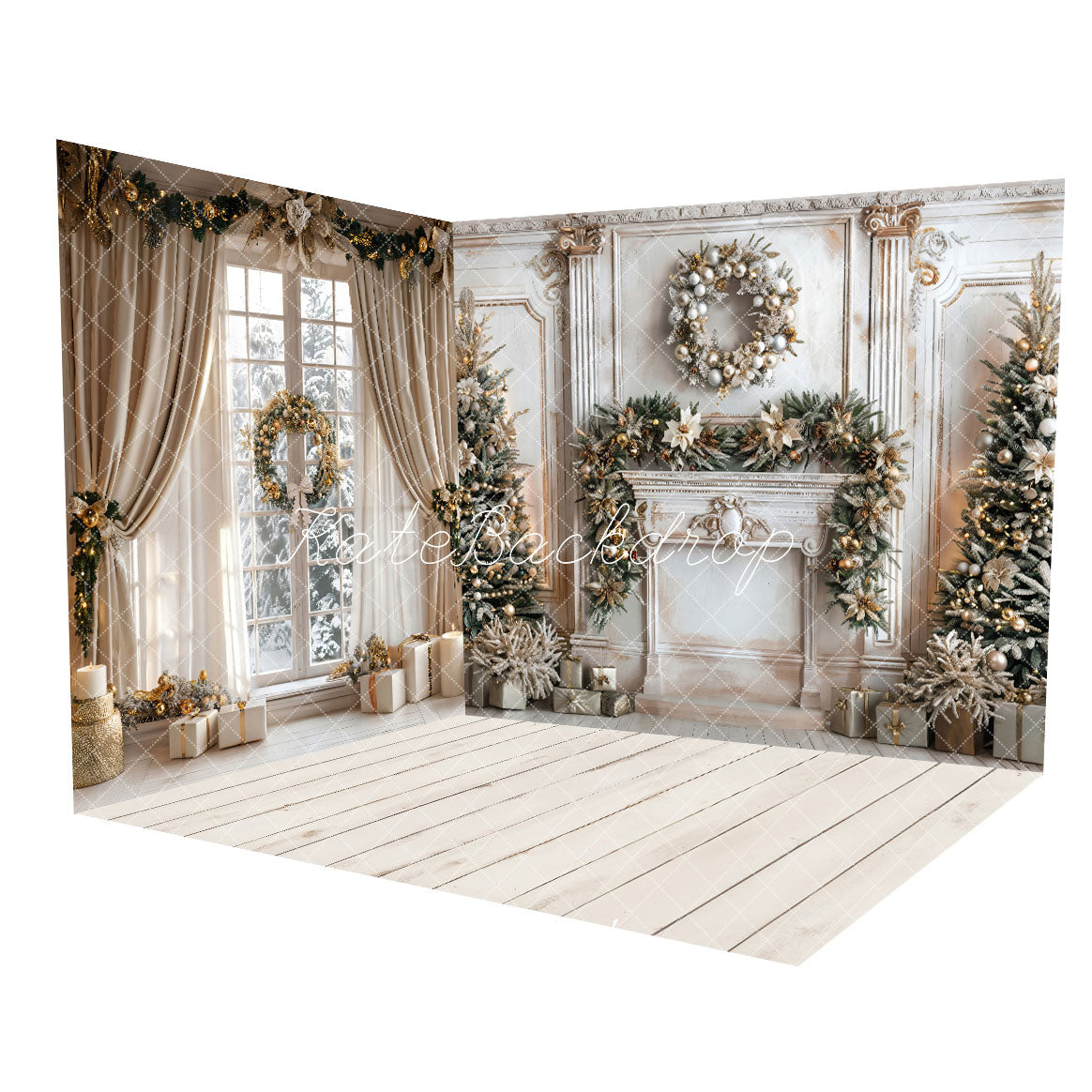 Natale Tenda Beige Finestra Incorniciata Bianca Set Stanza