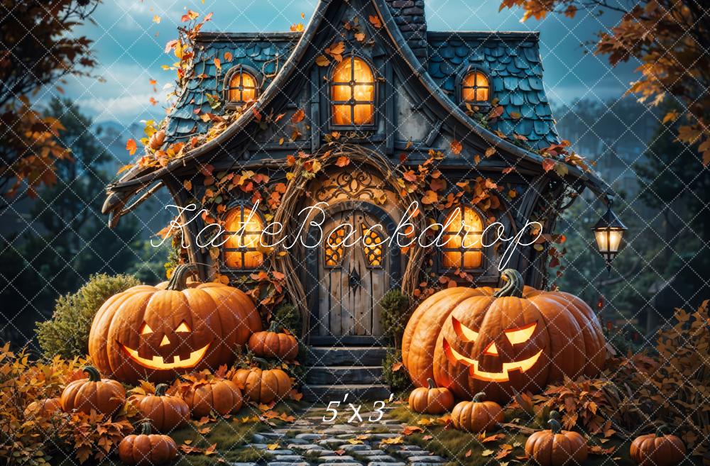 Kate Autumn Forest Halloween Pumpkin Hut Backdrop Designed by Chain Photography