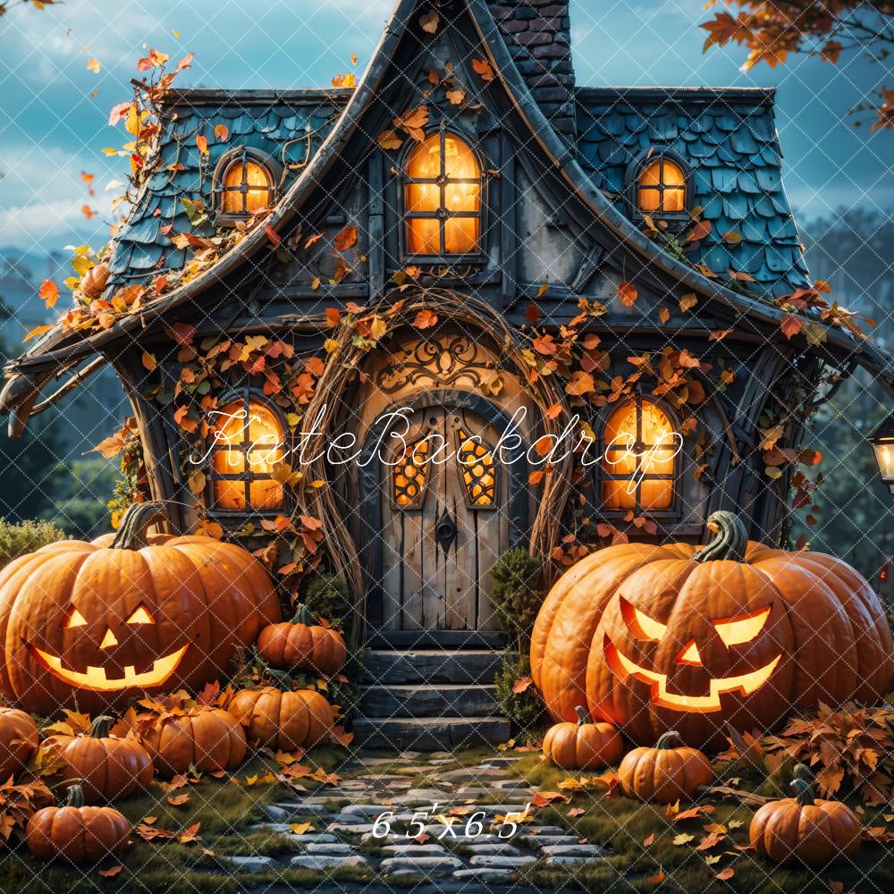 Kate Autumn Forest Halloween Pumpkin Hut Backdrop Designed by Chain Photography