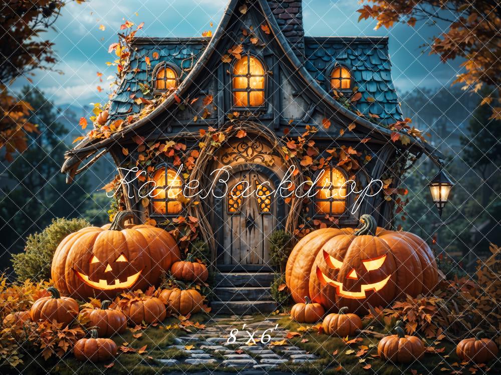 Kate Autumn Forest Halloween Pumpkin Hut Backdrop Designed by Chain Photography