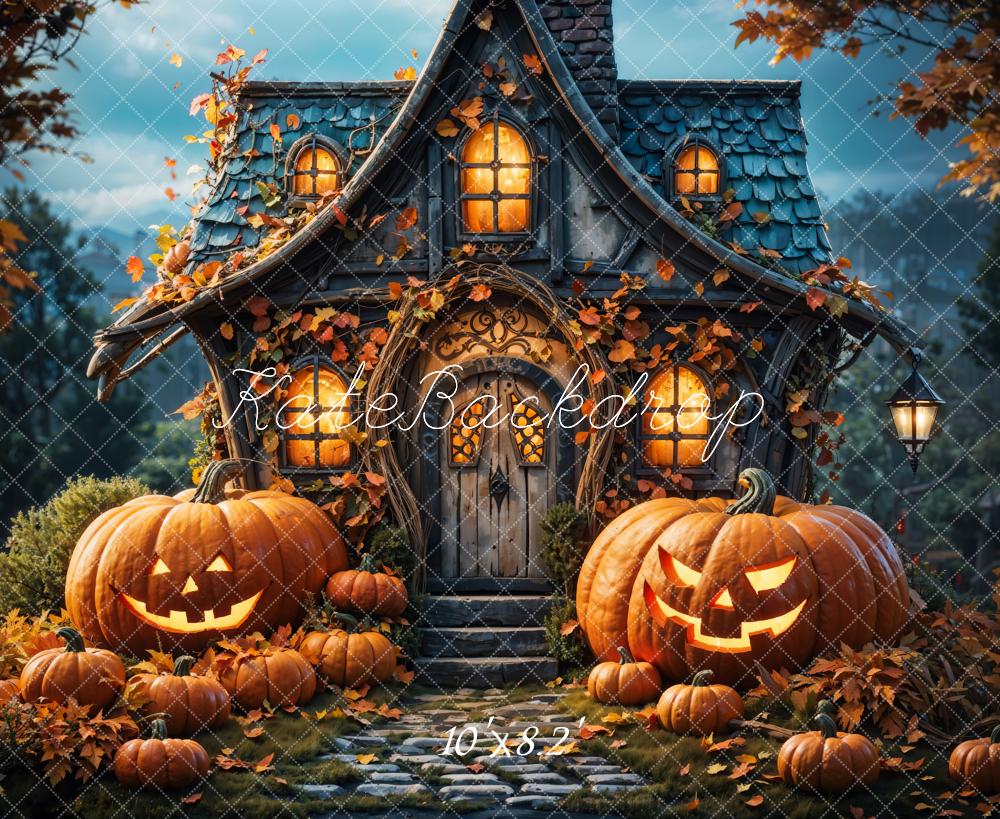 Kate Autumn Forest Halloween Pumpkin Hut Backdrop Designed by Chain Photography