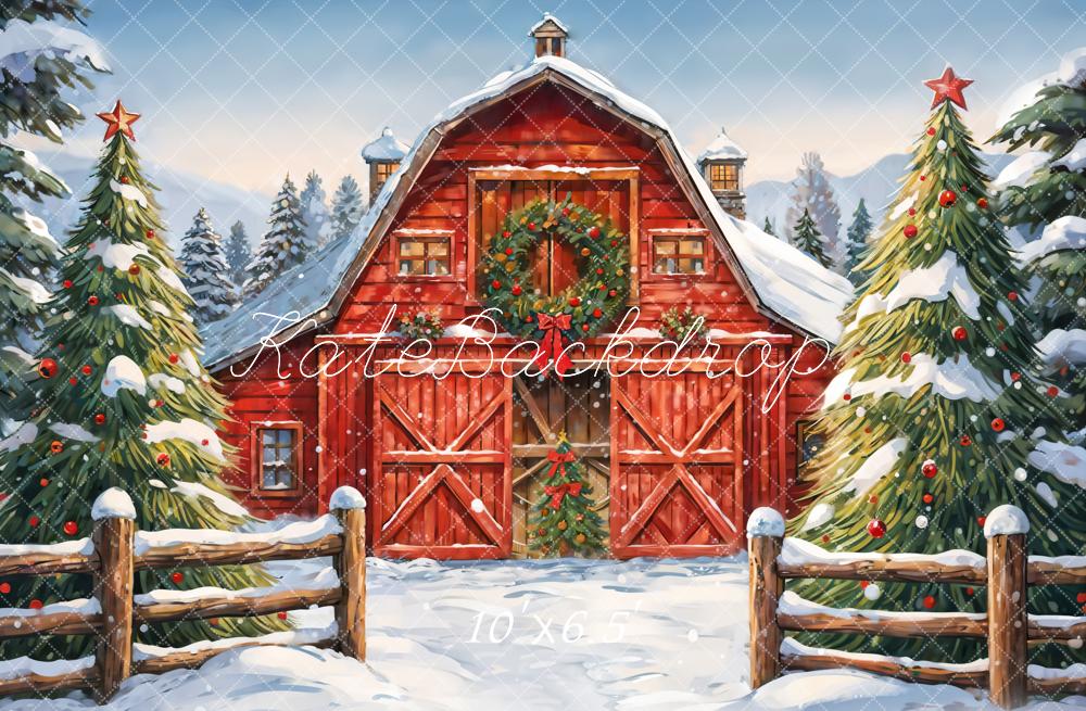 Kate Winter Outdoor Forest Christmas Red Farm House Backdrop Designed by GQ