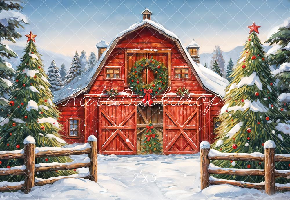 Kate Winter Outdoor Forest Christmas Red Farm House Backdrop Designed by GQ