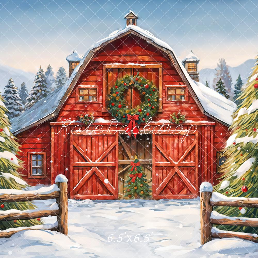 Kate Winter Outdoor Forest Christmas Red Farm House Backdrop Designed by GQ