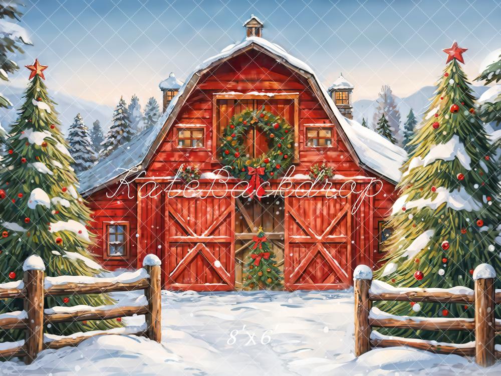 Kate Winter Outdoor Forest Christmas Red Farm House Backdrop Designed by GQ