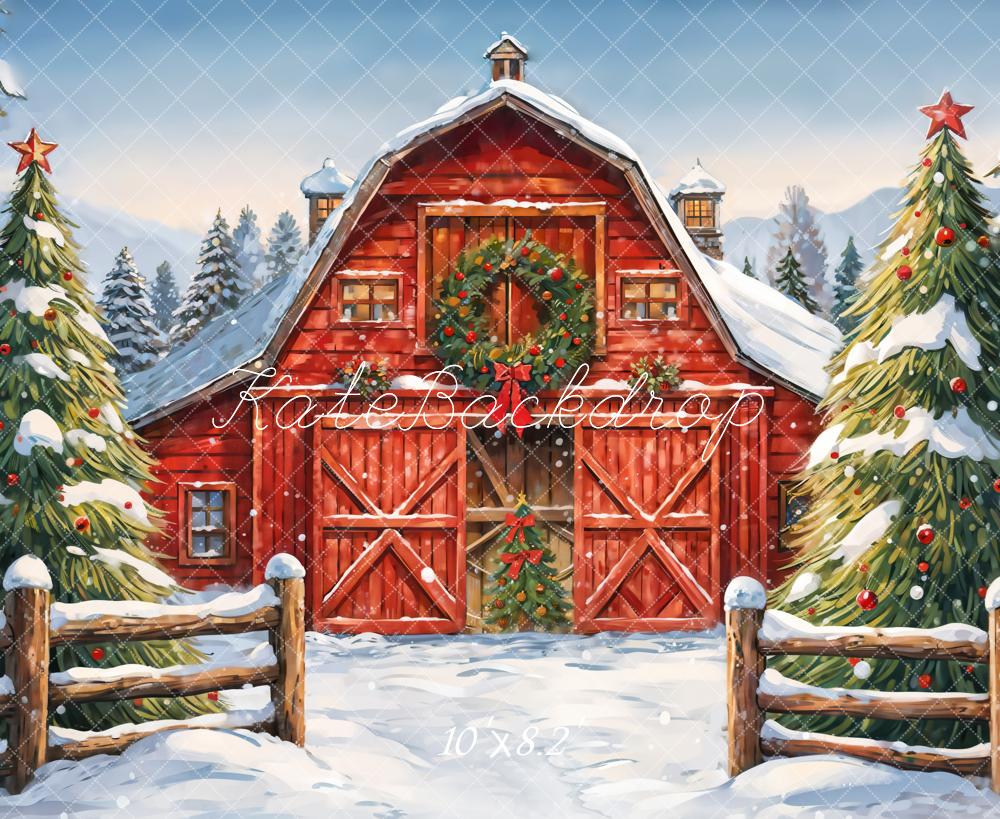 Kate Winter Outdoor Forest Christmas Red Farm House Backdrop Designed by GQ