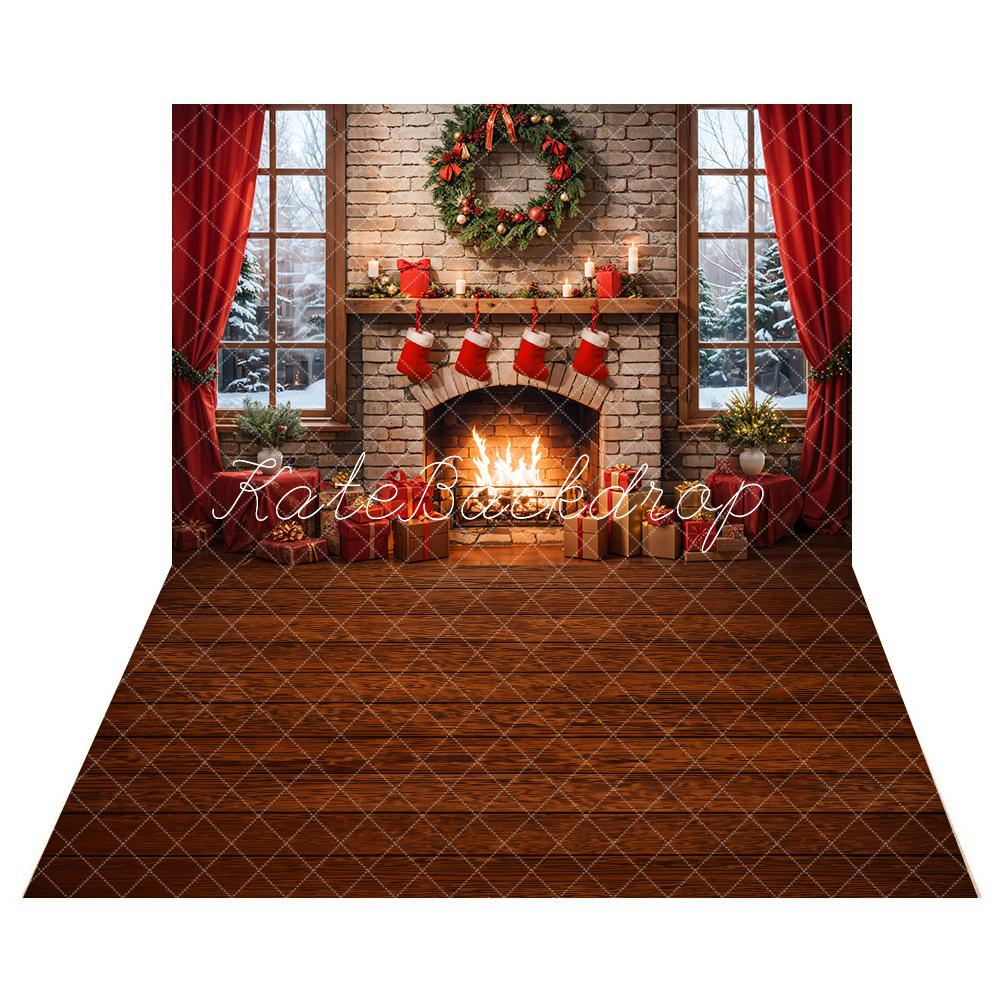 Kate Christmas Interior Red Curtain Retro Brick Fireplace Backdrop+Dark Red Wooden Floor Backdrop