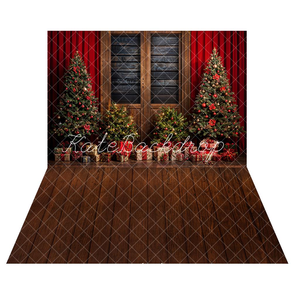 Kate Christmas Tree Red Curtain Gray Wooden Wall Backdrop+ Dark Brown Wooden Floor Backdrop