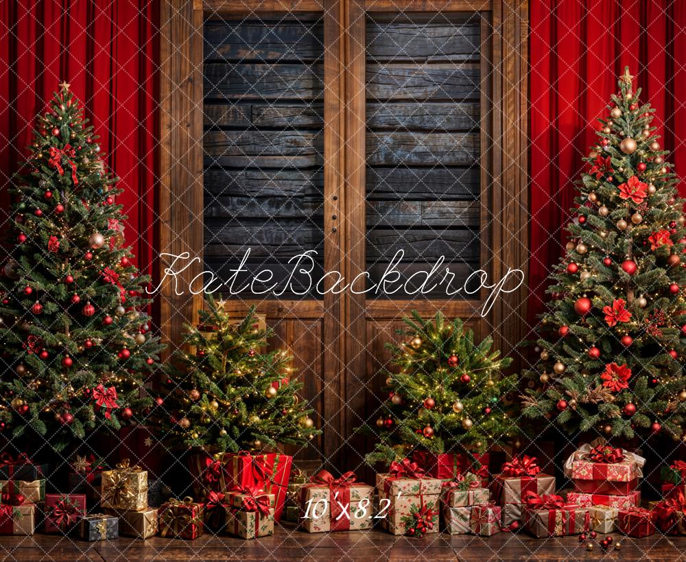 Kate Christmas Tree Red Curtain Gray Wooden Wall Backdrop Designed by Emetselch