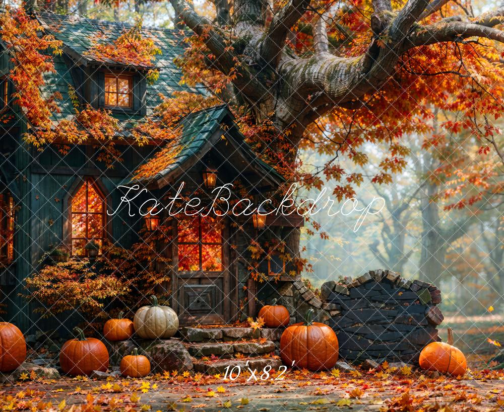 Kate Fall Forest Pumpkin Black Retro Hut Backdrop Designed by Emetselch