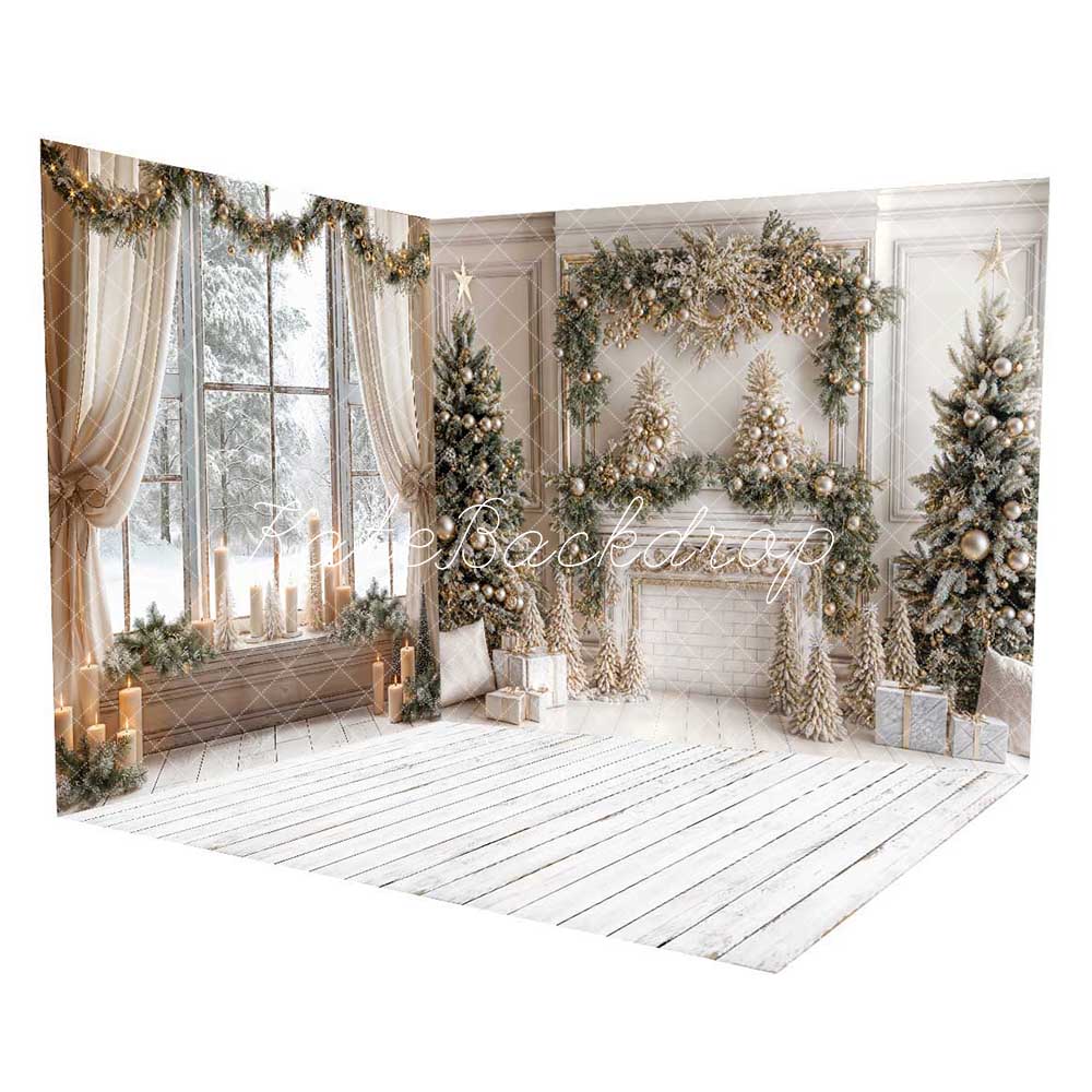 Kate Christmas White Curtain Framed Window Room Set