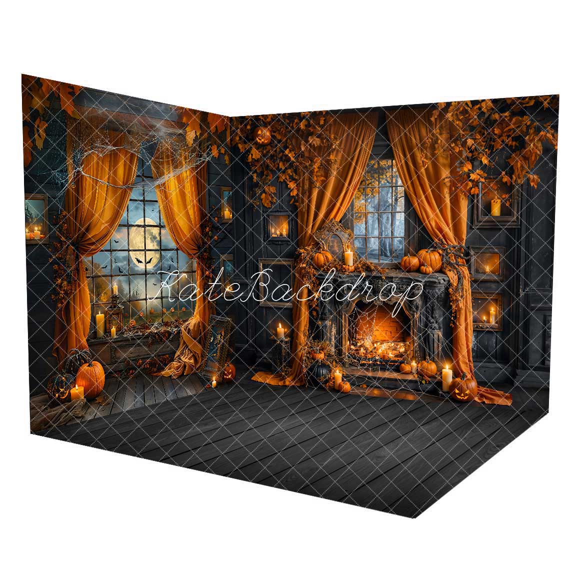 Kate Halloween Night Bat Orange Curtain Black Framed Window Room Set