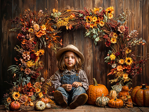 Pumpkin Artístico de Otoño para Pared de Madera con Arco de Flores – Diseñado por Chain Photography