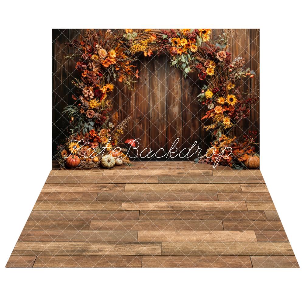 Kate Fall Pumpkin Fine Art Flower Arch Wooden Wall Backdrop+ Brown Wooden Floor Backdrop