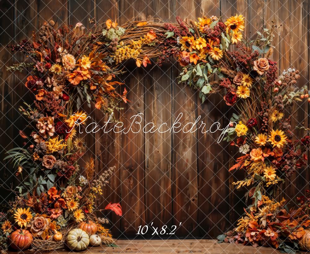 Kate Fall Pumpkin Fine Art Flower Arch Wooden Wall Backdrop Designed by Chain Photography