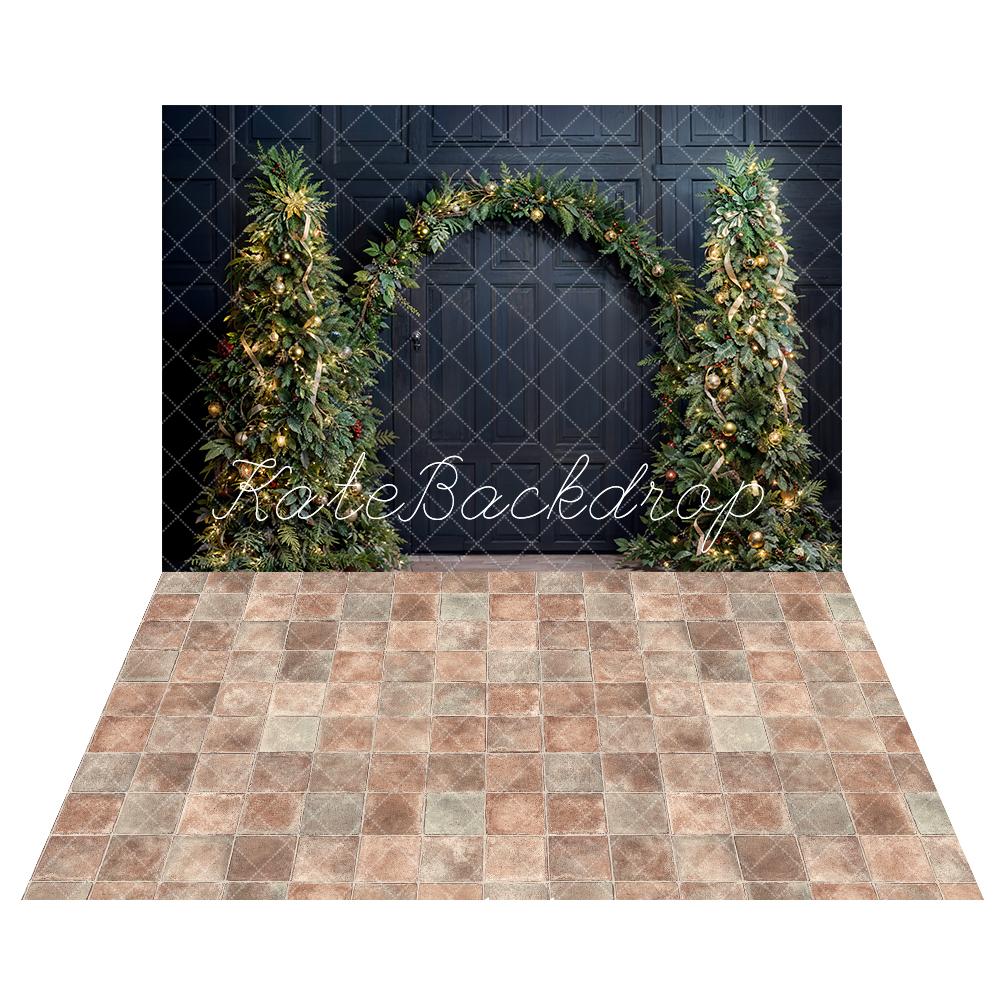 Kate Christmas Tree Arch Black Vintage Wall Backdrop+ Retro Dark Brown Gray Plaid Floor Backdrop