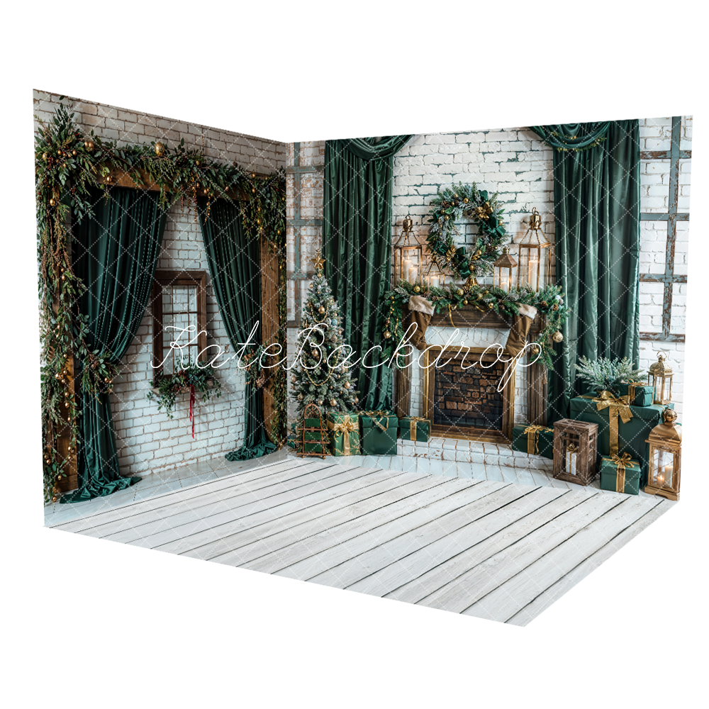 Kate Christmas Green Curtain Brown Window White Brick Wall Room Set