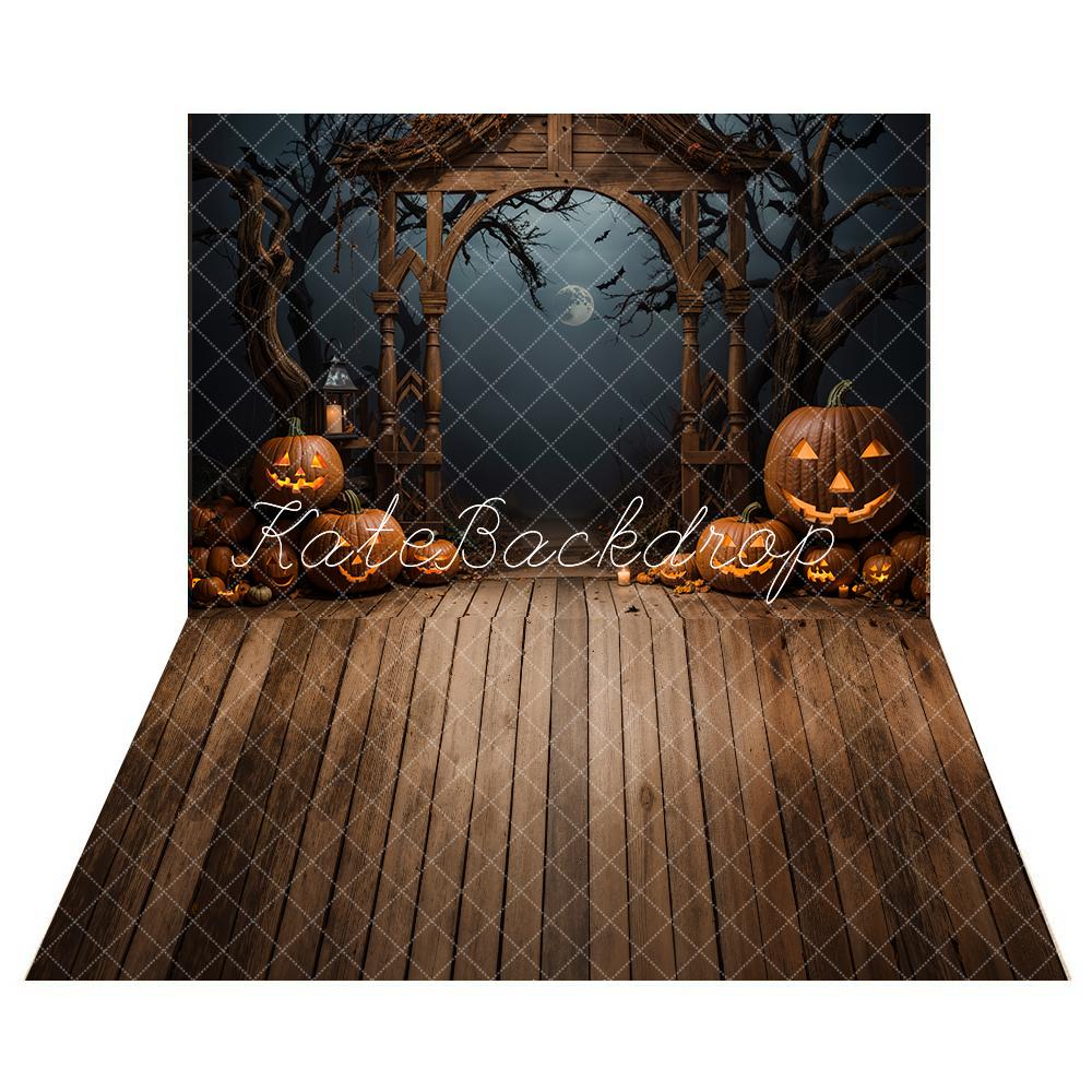 Halloween Buiten Donker Pompoen Bruin Boog Foto Achtergrond+Donker Bruin Houten Vloer Foto Achtergrond Designed by.