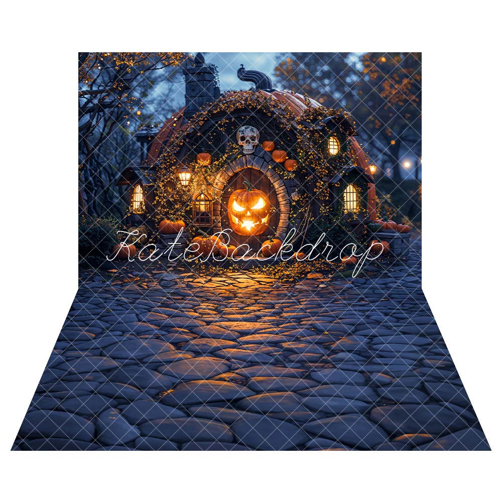 Halloween Donker Bos Magische Pompoen Huis Foto Achtergrond+Donker Steen Pad Vloer Foto Achtergrond Designed by