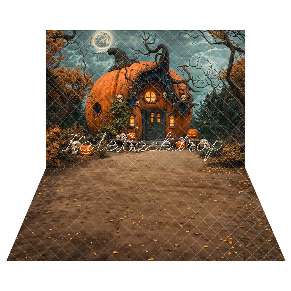 Kate Halloween Night Dark Forest Orange Magical Pumpkin House Backdrop+Dark Brown Wet Land Floor Backdrop