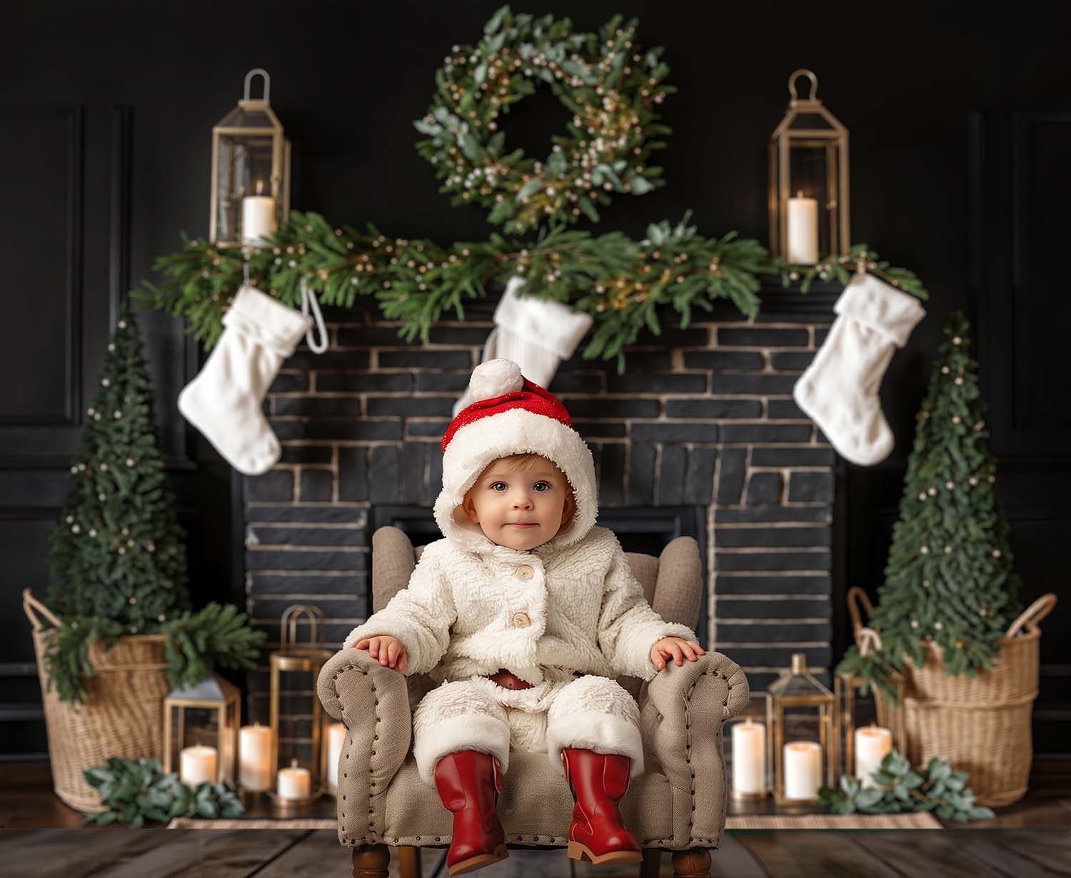 Kate Christmas White Sock Black Brick Fireplace Backdrop Designed by Emetselch