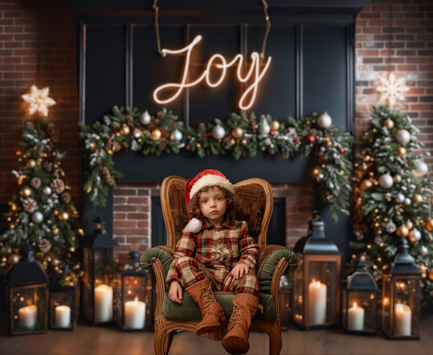 Kate Christmas Joy Sign Brown Brick Fireplace Black Wall Backdrop Designed by Emetselch