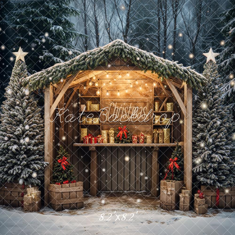 Kate Christmas Outdoor Forest Brown Cabin Backdrop Designed by Emetselch