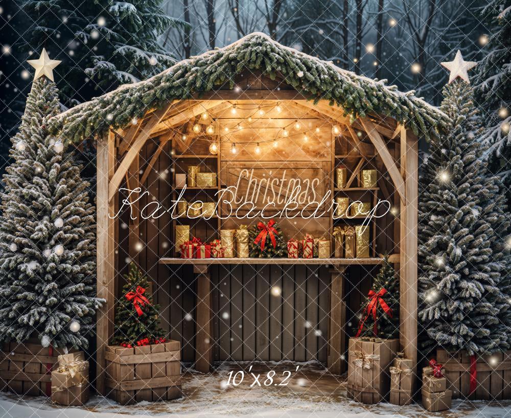 Kate Christmas Outdoor Forest Brown Cabin Backdrop Designed by Emetselch