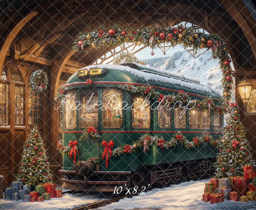 Kate Christmas Tree Arch Green Retro Train Backdrop Designed by Emetselch