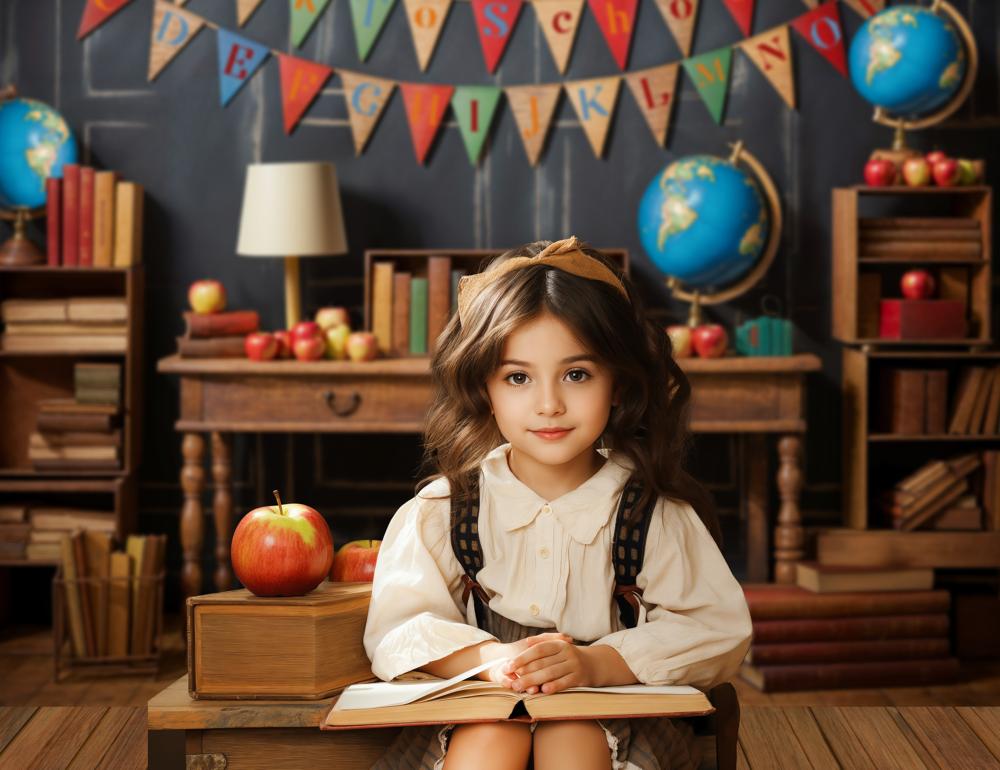 Foto Achtergrond Terug naar School Globe Books Zwart Retro Muur Achtergrond Ontworpen door Emetselch