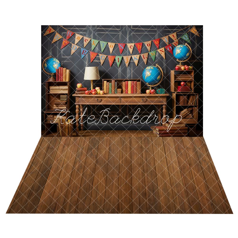 Back to School Globe Books Black Retro Wand Foto Achtergrond+Brown Wooden Floor Backdrop